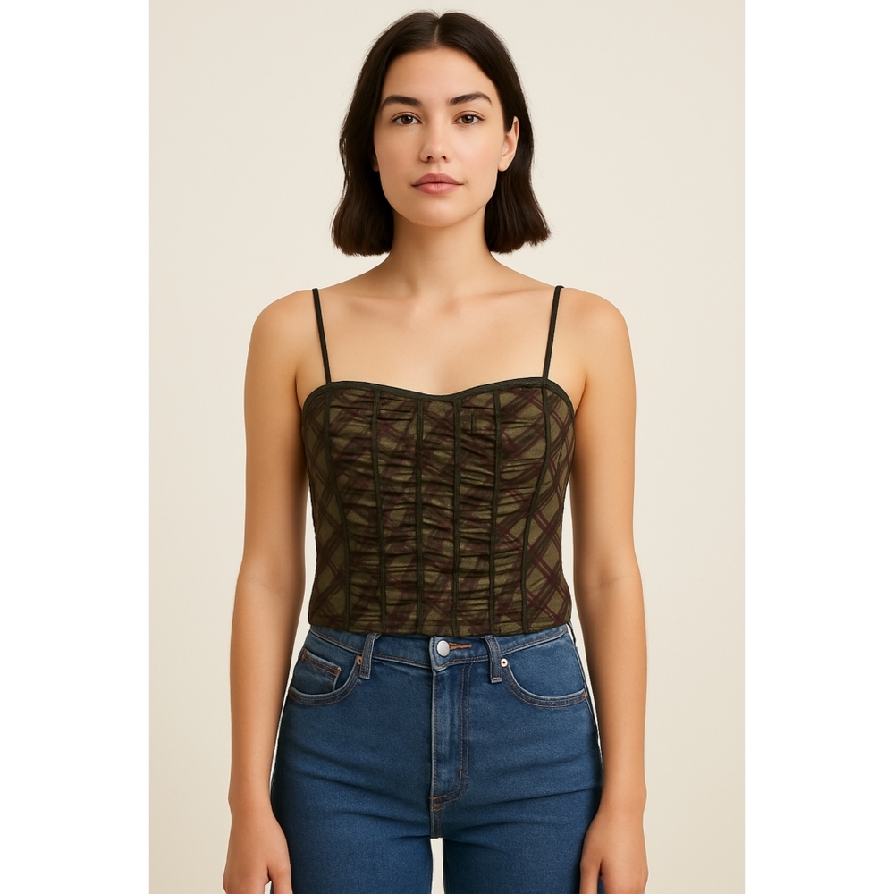 Lucy Paris Womens Vintage Inspired Plaid Corset Top with Ruching Detail Size M